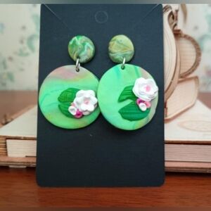 White Flowers on Lily Pad in Pond Clay Earrings